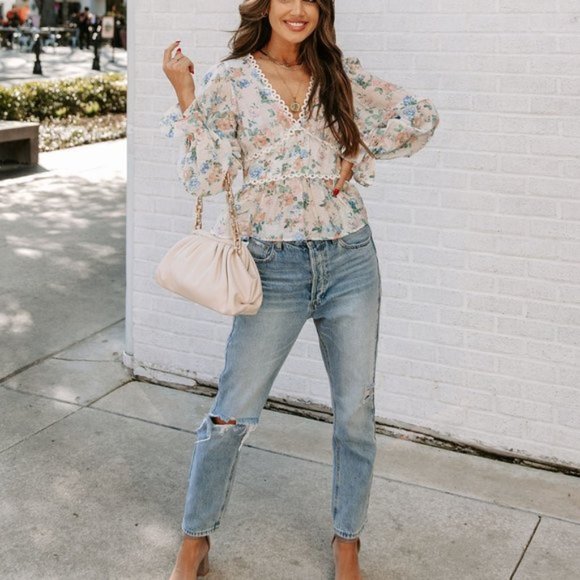 MALAIA FLORAL CROCHET PEPLUM TOP - IVORY MULTI - Picture 6 of 7